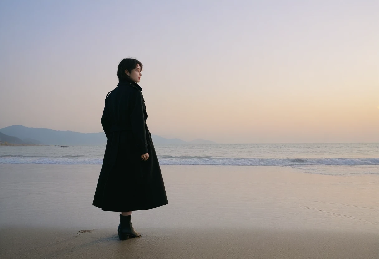 8K, Vivid picture quality, long deserted beach, walking from afar, woman with short hair covering her neck, turtleneck, Black trench coat, sunset의 붉은 빛, sunset, alone, afternoon, depressed, tide가 밀려온다, ocean, tide, wind, 키 little korean girl, 잔잔한 tide, little korean girl, 잔잔한 tide, canon camera 16-35 wide angle lens, full body shot