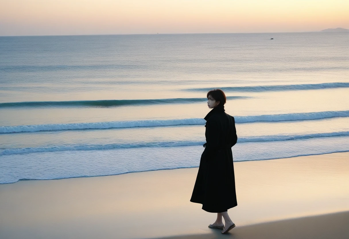8K, Vivid picture quality, long deserted beach, walking from afar, woman with short hair covering her neck, turtleneck, Black trench coat, sunset의 붉은 빛, sunset, alone, afternoon, depressed, tide가 밀려온다, ocean, tide, wind, 키 little korean girl, 잔잔한 tide, little korean girl, 잔잔한 tide, canon camera 16-35 wide angle lens, full body shot