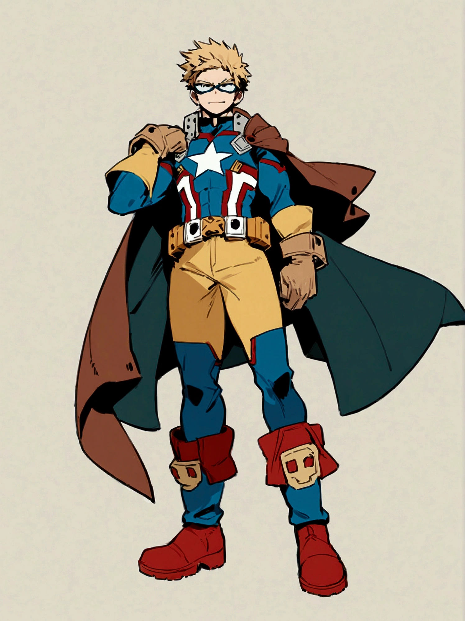 One boy, male focus, brown and blond hair, boku no hero academia, masterpiece, best quality, very aesthetic, red, blue, white super hero suit, cape, boots, captain America like, proportionally anatomical, full body illustration, casual front pose.