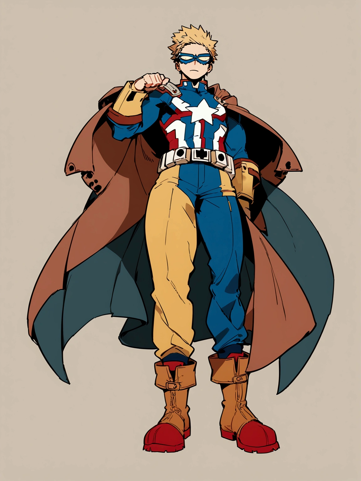 One boy, male focus, brown and blond hair, boku no hero academia, masterpiece, best quality, very aesthetic, red, blue, white super hero suit, cape, boots, captain America like, proportionally anatomical, full body illustration, casual front pose.