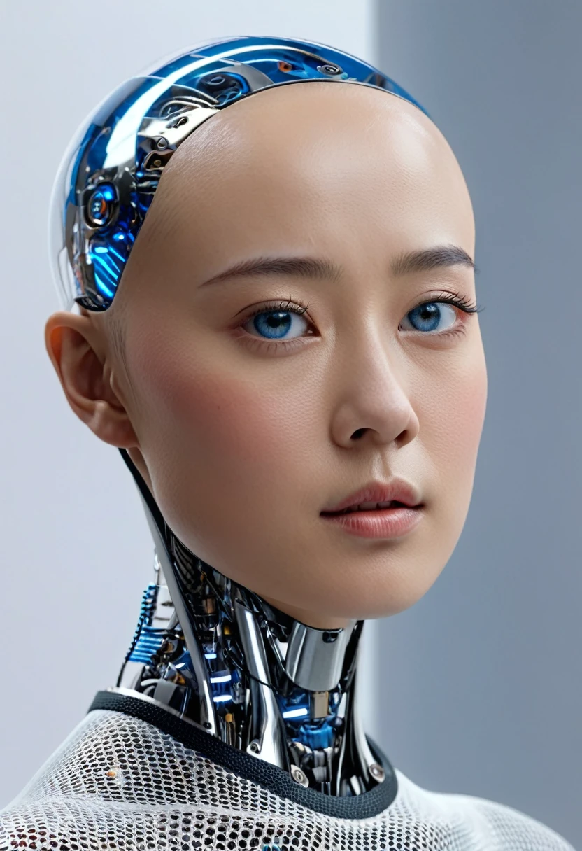 Top quality 8K ultra high definition work, masterpiece: 1.3, sharp focus: 1.2. One robot, the face is a human woman. complex 3d render ultra detailed of a beautiful porcelain skin head asian girl with blue eyes profile android face, Facing the camera、cyborgs, roboticparts, 150mm, beautiful studio soft light Go to top, Hyper Realistic, anatomically, 