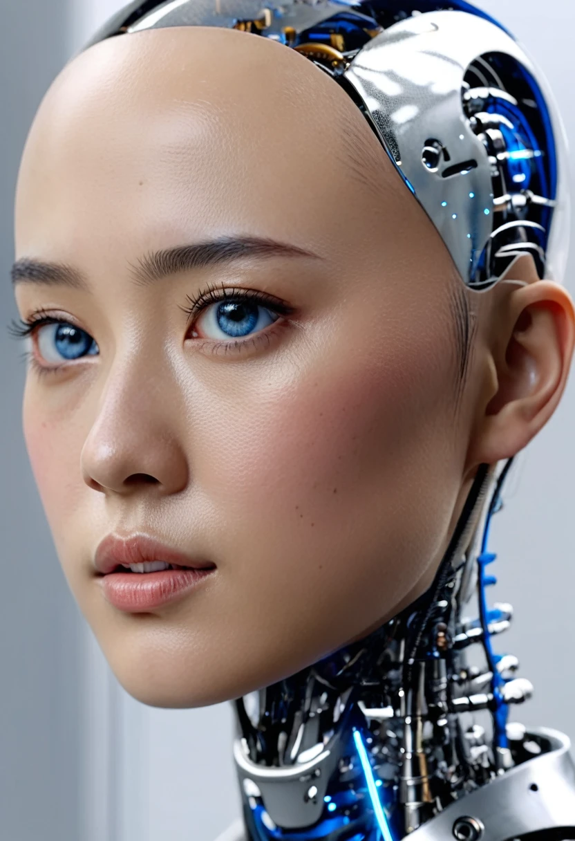 Top quality 8K ultra high definition work, masterpiece: 1.3, sharp focus: 1.2. One robot, the face is a human woman. complex 3d render ultra detailed of a beautiful porcelain skin head asian girl with blue eyes profile android face, Facing the camera、cyborgs, roboticparts, 150mm, beautiful studio soft light Go to top, Hyper Realistic, anatomically, 