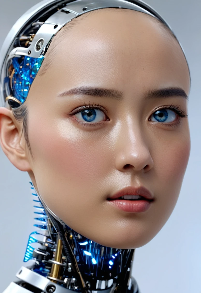 Top quality 8K ultra high definition work, masterpiece: 1.3, sharp focus: 1.2. One robot, the face is a human woman. complex 3d render ultra detailed of a beautiful porcelain skin head asian girl with blue eyes profile android face, Facing the camera、cyborgs, roboticparts, 150mm, beautiful studio soft light Go to top, Hyper Realistic, anatomically, 