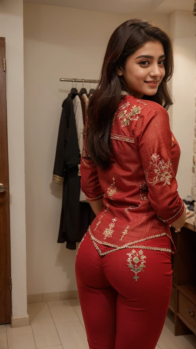 21 yo women Ananya Pandey wearing embroidery printed red kurta black jeggings body fit clothes dressing room (back said body figure view photography) smile perfect anatomy realistic realism ultra detailed eye ultra detailed face 8k