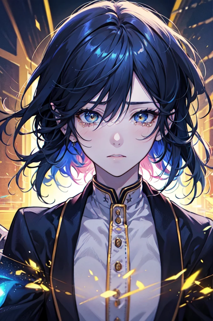 boy, feminine boy, young boy, dark blue hair, gradient hair, hair over shoulder, shiny hair, crying with eyes open, wide eyes, yellow eyes, long-eyelashes, blush, sad, crying, scared, scared, tearing up, anime style, anime, reflection light, ray tracing, glowing light, masterpiece, accurate, anatomically correct, super detail, high details, high quality, award winning, best quality, highers, 4K
