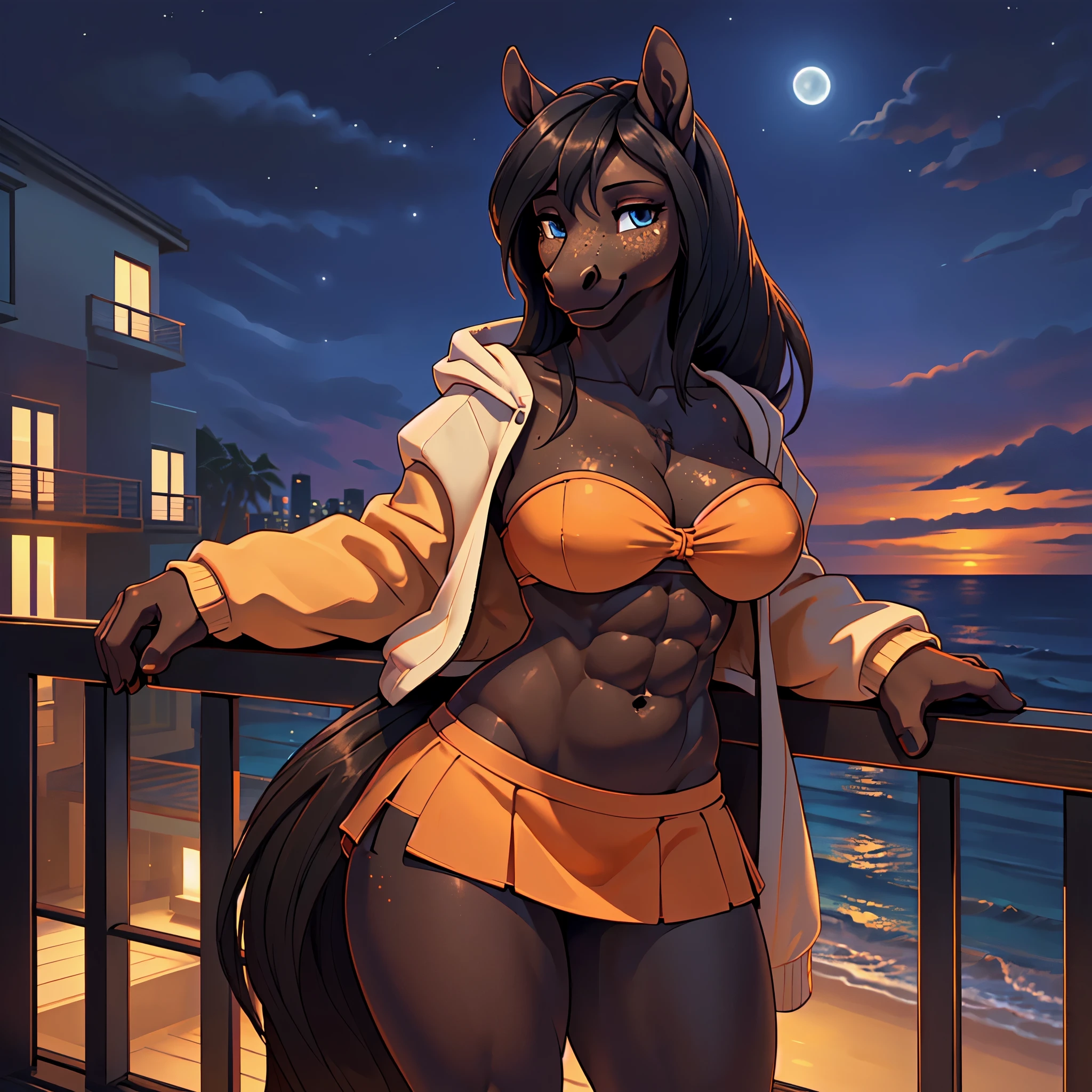 masterpiece, top quality, best quality, highly detailed, 8k, super high resolution, absurdres, perfect ???????, ((solo focus, 1girl)), ((detailed eyes)), ((looking at viewer)), (joyful, smile, happy), ((anthro all dark brown horse, black horse tail)), ((all dark brown body, dark brown snout)), (freckles), (adult), ((black hair)), blue eyes, (half-closed eyes), ((long straight hairstyle)), (muscular, hourglass figure, thick thighs, large breasts, long legs, defined abs, bare midriff), (((orange miniskirt))), ((orange coat, white bandeau)), (shoreline, ocean, railing, overlook, city panorama, nighttime lighting)