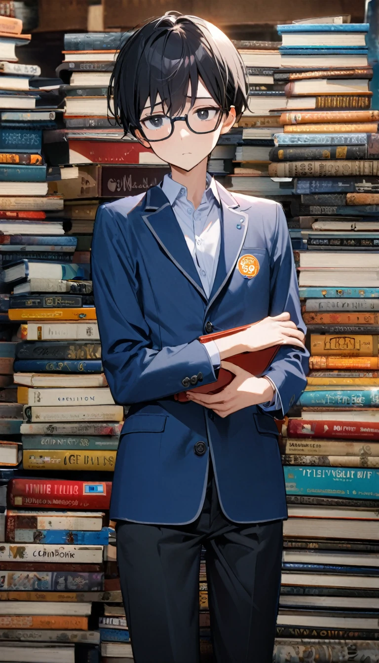 1boy,long black hair,black eyes,,blue blazer with logo , nerd, skinny body, books,timid,shy,8k,high definition ,