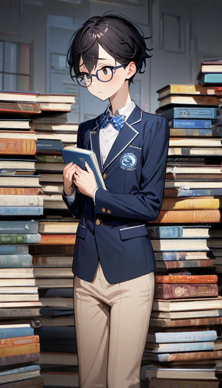 1boy,long black hair,black eyes,,blue blazer with logo , nerd, skinny body, books,timid,shy,8k,high definition ,