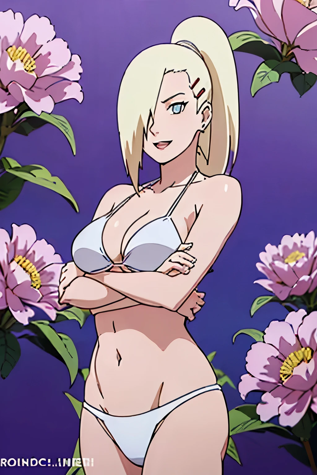 (White bikini:1.5), Ino yamanaka, looking at the viewer, gorgeous, attractive, groin, cowboy shot, ultra detailed face, sunny day, day time, upper body view, anime style, solo, detailed flower field, blonde, (focus on breasts), ((one eye covered with hair, hair over eye, ponytail)), (medium breasts), belly button, looking at the viewer, thick arms, (off-shoulders, wide shoulders, curving body), hidden eye, smile, open mouth, very happy, tall, hair clip, sharp look, sharp face, sharp eye, cold colors,

