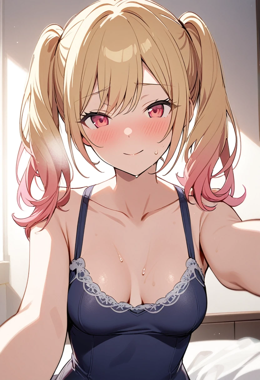 Gradient with pink tips,Blonde,Twin tails up to the shoulders,Red eyes,high school girl,A pleasant looking face,Slightly curled twin tails,nsfw,medium breasts,steam,(selfie1.5),front view, from below, full body,bare breasts,show off breasts, sleeveless sweater, cleavage