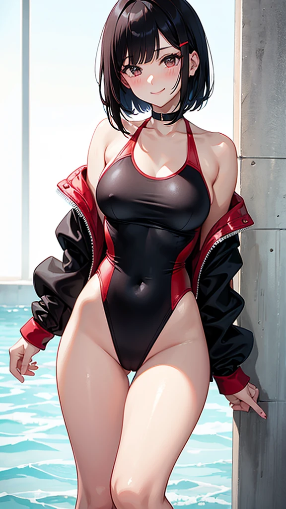 Red swimsuit Black Bob Hair Great style blush smile