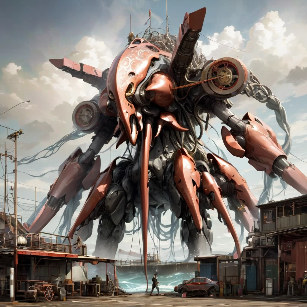 
A giant mechanical squid made of steel that fights in the raging sea.