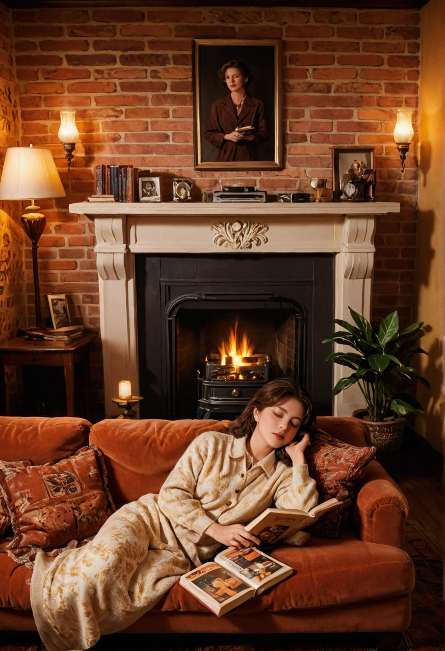 A cinematic photograph capturing the essence of a warm and cozy 1990s living room. The fireplace radiates an inviting glow, with flames dancing playfully against the brick interior. A long, comfortable sofa, adorned with rich fabrics and patterns, presents a woman sleeping peacefully, clutching a well-loved book to her chest. A retro vintage radio sits atop a small table nearby, invoking nostalgia. The room is decorated with timeless furnishings and distinctive 90s patterned wallpaper, all bathed in a soft, warm light that creates a serene and comforting ambiance., cinematic, photo