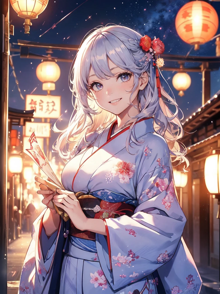 最high quality、1 woman beautiful、(( cowboy shot ))((Summer Yukata))'((Japanese_yukata))、beautiful瞳、tears、、beautiful装飾、Hairpin、、Kyoto Gion Festival、Kyoto at Night、Star World、Summer Nights in Japan、Milky Way Galaxy、最high quality , fractal beautiful、shrine、torii ((Laugh beautifully、))、beautiful顔、Japanese Festivals、、 beautiful輝き,High-definition depiction, Realistic, 8K, Unity, beautiful、Iridescent、、 light smile, Beautifully and vividly drawn, , beautiful beautiful透き通る肌、輝くbeautiful装飾の魔法、、、beautiful短冊、🎋, beautiful、 Romanticism,, Bamboo leaf、bamboo, ,smile,,image quality、masterpiece、beautiful顔、Super beautiful woman((Big breasted 22 year old office lady、Bust 120,Beautiful long ironed hair、Silver Hair、height: 165cm。、Esbian、、high quality、、Visual Arts、最high quality、1 woman , 、light、Beautiful radiance,High-definition depiction, Realistic, 8K, Unity, , light smile, Beautifully and vividly drawn, Beautiful, beautiful, clear , Romanticism,Cowboy Shot: 最high quality