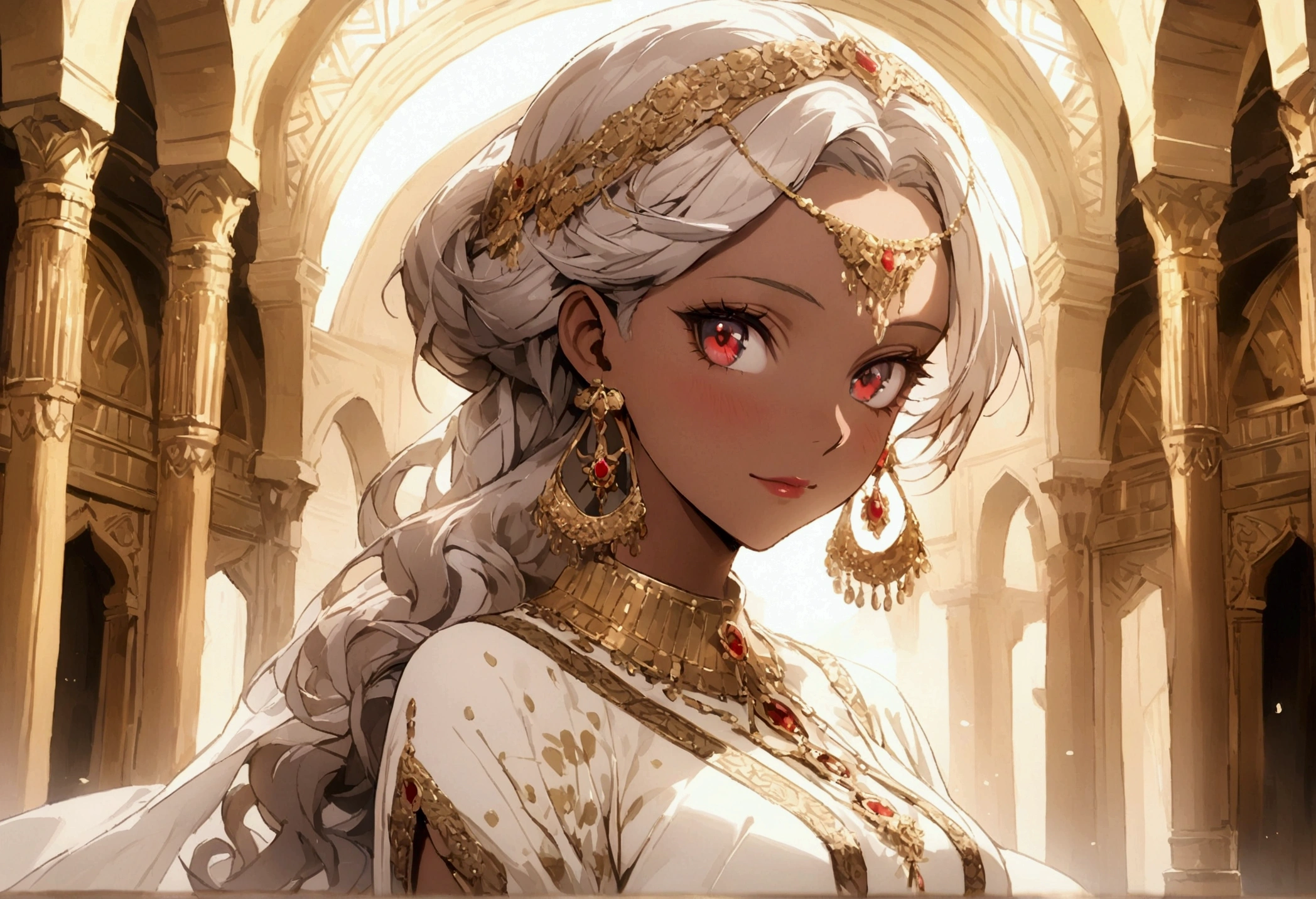 masterpiece,Highest quality,Highest quality,shape,Intricate details,One Girl, Brown Skin, Salwar Kameez,National costume, ((Gray Hair)),Curly Hair,
Red eyes, Written boundary depth, Luxurious Arabian palace, Nice, Anime Style, Make your face beautiful, Anatomically correct, Overall image, Clear Shadows