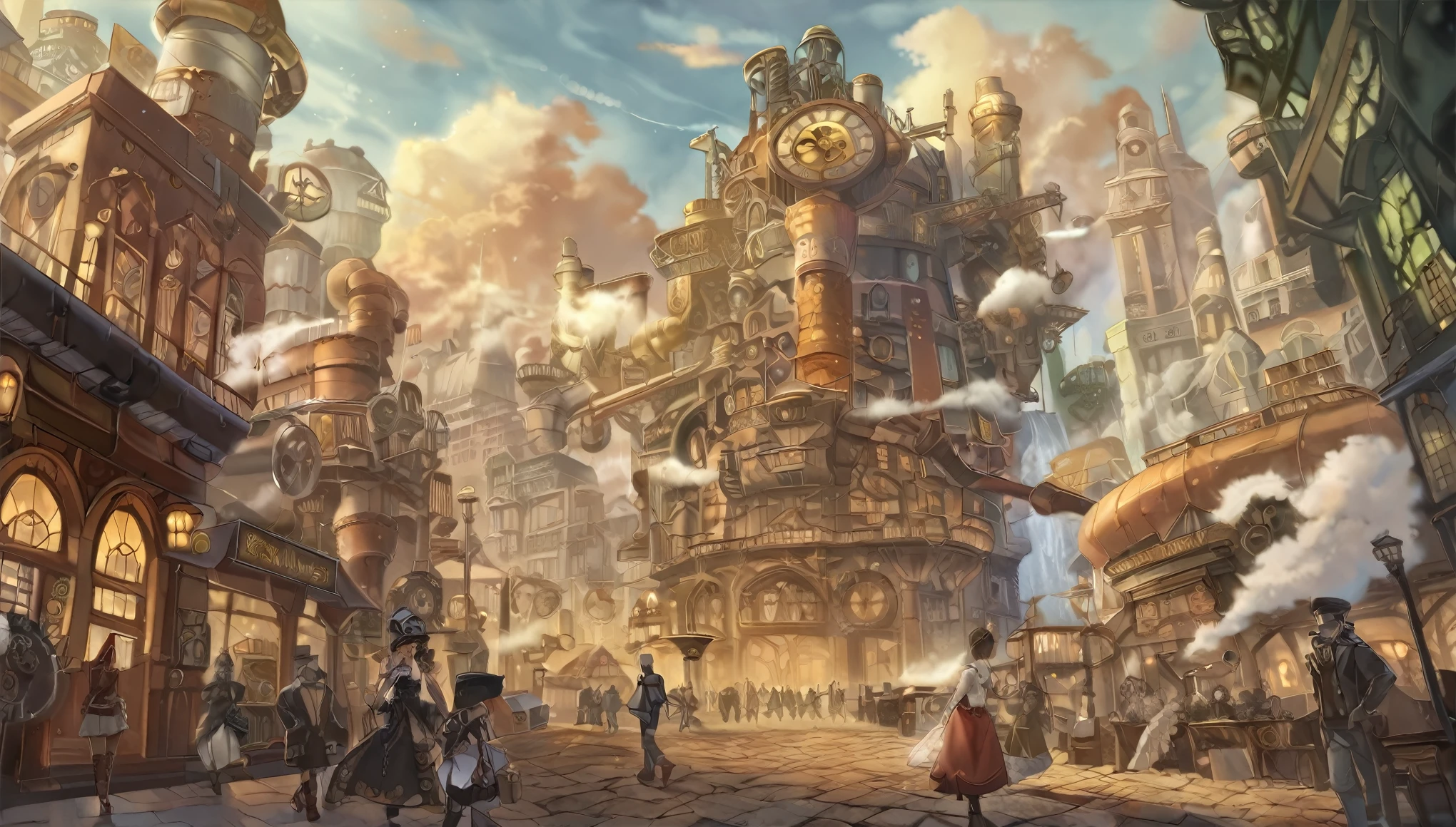 A breathtaking steampunk cityscape with towering buildings adorned with gears and steam pipes, airships floating in the sky, and a bustling street filled with people wearing Victorian-era attire with steampunk accessories. Include a central character wearing a leather coat, brass goggles, and mechanical arm, standing confidently with a backdrop of an industrial revolution.