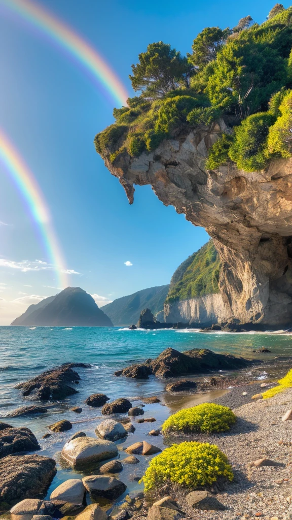 there is a rainbow in the sky over a beach with rocks and pebbles, seashore, Alpine Forest Landscape Photo，Steep mountain roads，Clear and transparent lake，wood，Bushes，Fallen leaves，Dawn Sun，Kasumi，Cliffs and mountains，Dilapidated，Lonely，cold，Foggy sky，Not a dazzling morning sun，Nightmare vision，Dark fantasy plot，Perfect and excellent composition，8K resolution，detailed，restricted，close ultra-wide angle shot，Realistic，Beautiful sky,Colorful clouds float，True to life, The private parts are clearly visible, Perfect perfection, Digital single-lens reflex camera, 1024, 2048, 4096, detailedな, sharp, Best Quality, high quality, Absurd，Unattended background，Very detailed、detailedな照明の影，Art Station Trends、Complex、expensivedetailed、dramatic、（Volumetric Lighting：1.2）HDR shot。（close，Super Depth of Field，Ultra Wide Angle，Microfocal Lenses：1.2）（Realistic：1.4）Masterpiece、expensive、expensive品質、beautiful photo，Global illumination magical beach, sunny rainbow galaxy stormy sea, by Igor Grabar, colorful hd picure, near the seashore, rainbow reflections, just one rainbow 8 k, beach landscape, still of rainbow ophanim, calm vivid colors, by Marie Bashkirtseff, beautiful beach