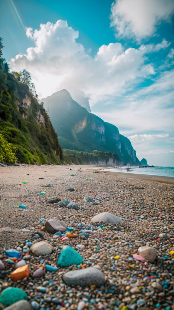 there is a rainbow in the sky over a beach with rocks and pebbles, seashore, Alpine Forest Landscape Photo，Steep mountain roads，Clear and transparent lake，wood，Bushes，Fallen leaves，Dawn Sun，Kasumi，Cliffs and mountains，Dilapidated，Lonely，cold，Foggy sky，Not a dazzling morning sun，Nightmare vision，Dark fantasy plot，Perfect and excellent composition，8K resolution，detailed，restricted，close ultra-wide angle shot，Realistic，Beautiful sky,Colorful clouds float，True to life, The private parts are clearly visible, Perfect perfection, Digital single-lens reflex camera, 1024, 2048, 4096, detailedな, sharp, Best Quality, high quality, Absurd，Unattended background，Very detailed、detailedな照明の影，Art Station Trends、Complex、expensivedetailed、dramatic、（Volumetric Lighting：1.2）HDR shot。（close，Super Depth of Field，Ultra Wide Angle，Microfocal Lenses：1.2）（Realistic：1.4）Masterpiece、expensive、expensive品質、beautiful photo，Global illumination magical beach, sunny rainbow galaxy stormy sea, by Igor Grabar, colorful hd picure, near the seashore, rainbow reflections, just one rainbow 8 k, beach landscape, still of rainbow ophanim, calm vivid colors, by Marie Bashkirtseff, beautiful beach
