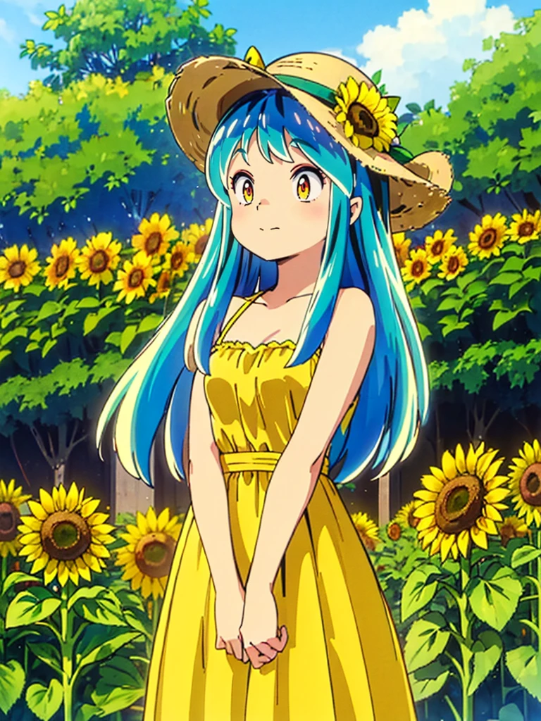 (masterpiece、Highest quality)、1 Girl、Lum, Yellow dress, White straw hat、 Hold the hat in your hand、Squint your eyes and laugh、 Laughing with your mouth open、 Sunflower field、Are standing、 From below、 Gaze Here、 High definition