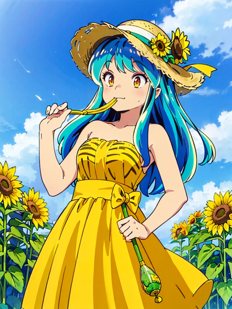 (masterpiece、Highest quality)、1 Girl、Lum, Yellow dress, White straw hat、 Hold the hat in your hand、Squint your eyes and laugh、 Laughing with your mouth open、 Sunflower field、Are standing、 From below、 Gaze Here、 High definition