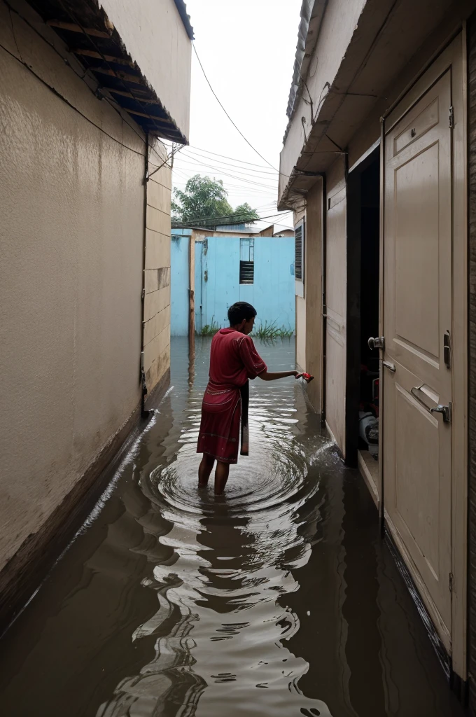 A person turning off the main electricity switch.during floods in hurry