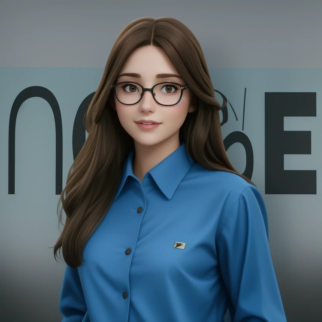 a beautiful woman of 25, with long brown hair,it&#39;s made of diamonds, strict look, and blue eyes, Wearing blue shirt with tie and glasses.