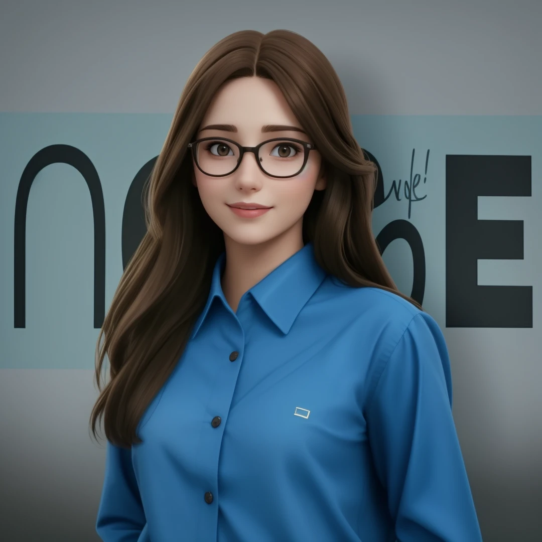 a beautiful woman of 25, with long brown hair,it&#39;s made of diamonds, strict look, and blue eyes, Wearing blue shirt with tie and glasses.