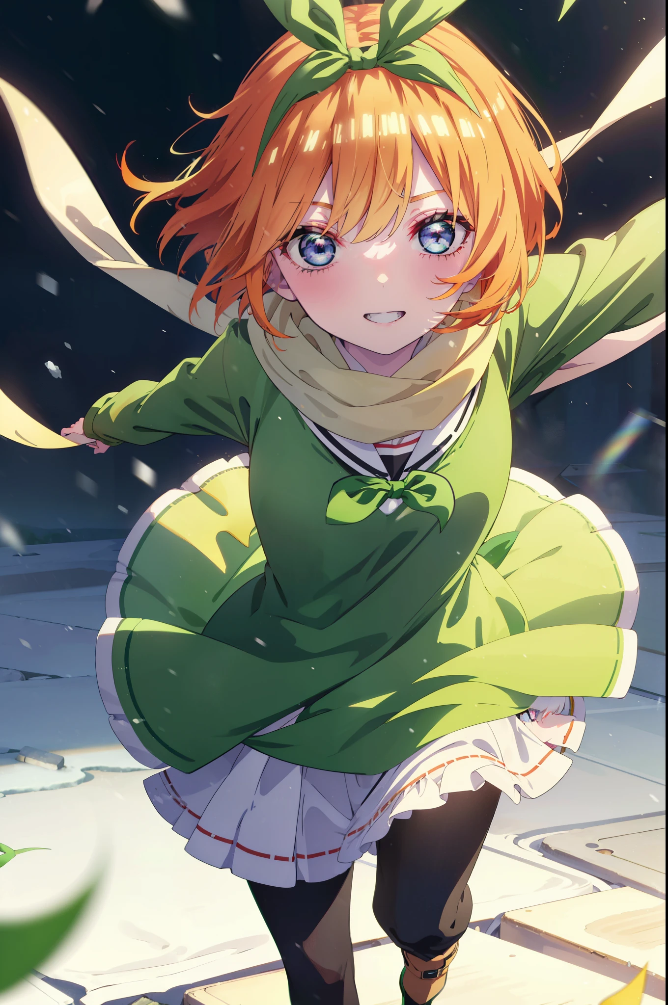 Yotsubanakano, Yotsuba Nakano, bangs, short hair, blue eyes, Hair between the eyes, hair ribbon, hair band, Orange Hair, (Green ribbon:1.5), smile, Grin,Green long coat,V-neck sweater,White scarf,Long skirt,Black pantyhose,short boots,It&#39;s snowing,Snow is piled up,Walking,whole bodyがイラストに入るように,
break ourdoors, Snow Country,
break looking at viewer, whole body,
break (masterpiece:1.2), Highest quality, High resolution, unity 8k wallpaper, (figure:0.8), (Beautiful attention to detail:1.6), Highly detailed face, Perfect lighting, Highly detailed CG, (Perfect hands, Perfect Anatomy),