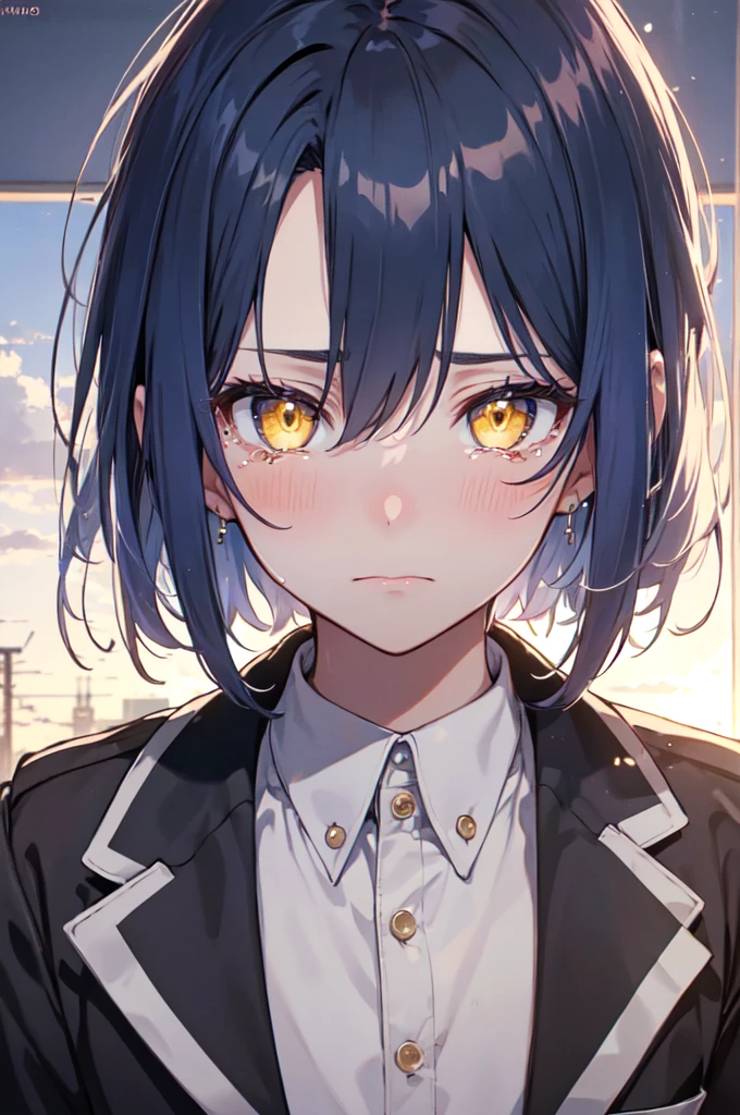 boy, feminine boy, young boy, dark blue hair, gradient hair, hair over shoulder, shiny hair, crying with eyes open, wide eyes, yellow eyes, long-eyelashes, blush, sad, crying, scared, scared, tearing up, anime style, anime, reflection light, ray tracing, glowing light, masterpiece, accurate, anatomically correct, super detail, high details, high quality, award winning, best quality, highers, 4K