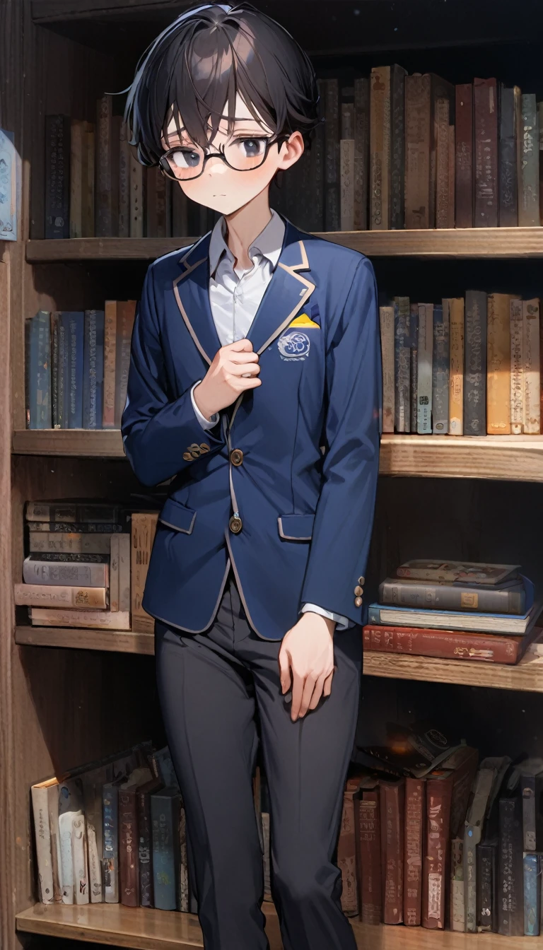 1boy,long black hair,black eyes,,blue blazer with logo , nerd, skinny body, books,timid,shy,8k,high definition ,