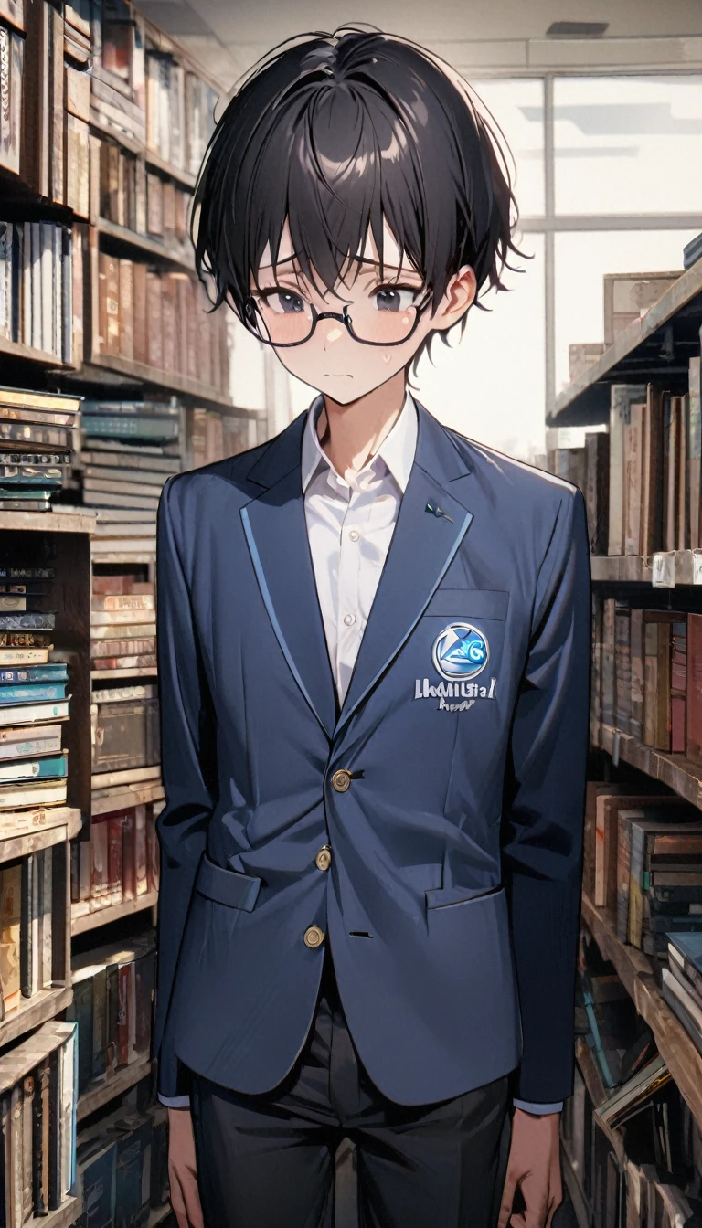 1boy,long black hair,black eyes,,blue blazer with logo , nerd, skinny body, books,timid,shy,8k,high definition ,