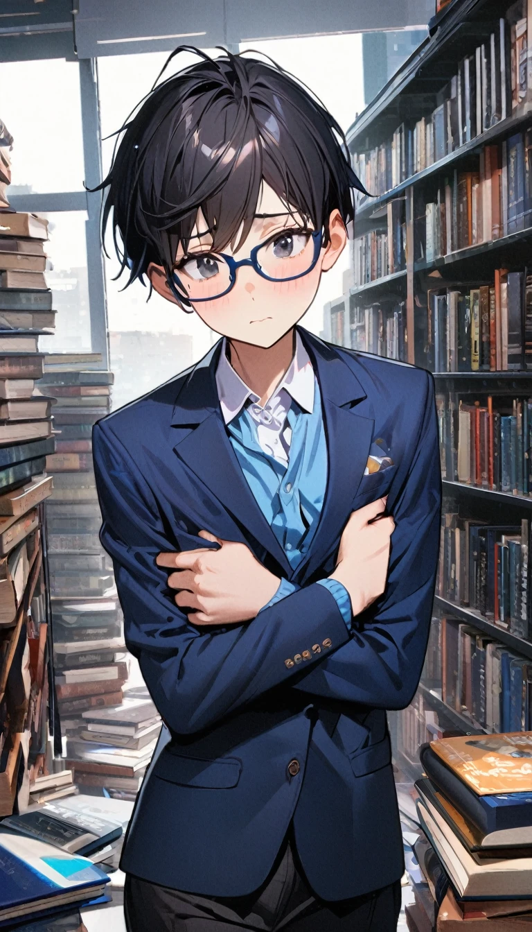 1boy,long black hair,black eyes,,blue blazer with logo , nerd, skinny body, books,timid,shy,8k,high definition ,