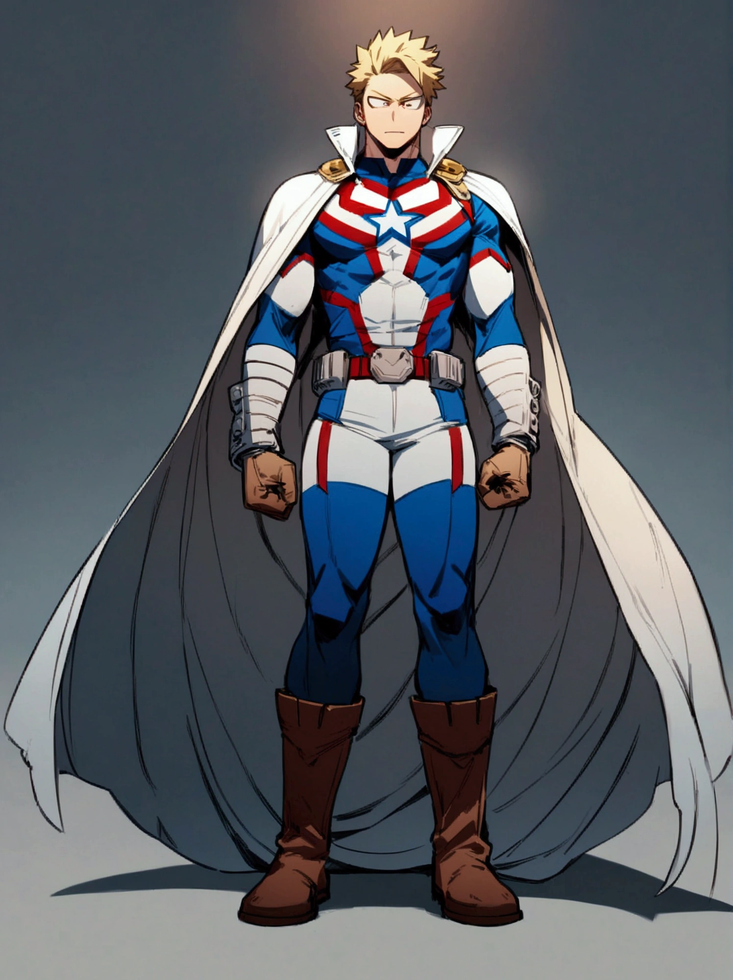 One boy, male focus, brown and blond hair, boku no hero academia, masterpiece, best quality, very aesthetic, red, blue, white super hero suit, cape, boots, captain America like, proportionally anatomical, full body illustration, casual front pose.