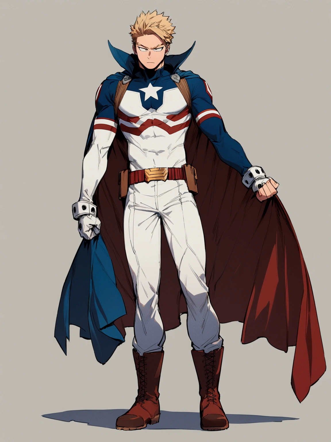 One boy, male focus, brown and blond hair, boku no hero academia, masterpiece, best quality, very aesthetic, red, blue, white super hero suit, cape, boots, captain America like, proportionally anatomical, full body illustration, casual front pose.
