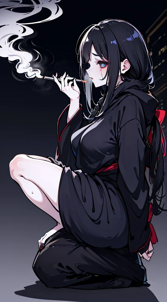Japanese drama street background,Night street background,Neon light,Background blur,decadentGirl,浓重Dark circles,Black sweatshirt,宽大Black sweatshirt,Loose fitting robes,Dark circles,Dark circles,Dark circles,Smoky makeup,Smoky makeup,Broken,decadent,decadent,Smoky makeup,smokes,Smoking,Cigarette in hand,Smoking姿势,Squatting,Girl蹲在街头,Side view,Horizontal lens,Dark光影,Dark,Dark灯光,Dark光照,Baggy pants,Girl
