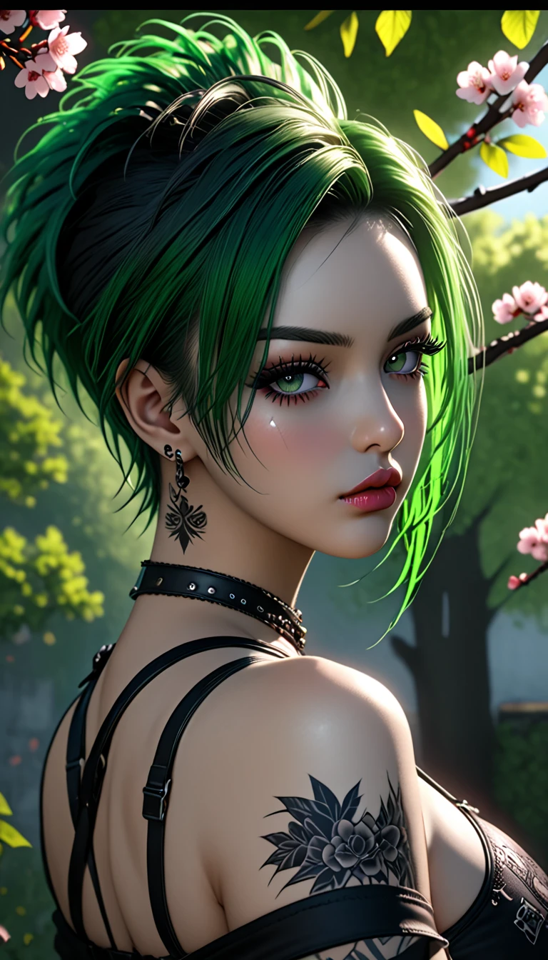 (Perfect Masterpiece, Highly Detailed CG UNITY 32K UHD Quality Resolution Wallpaper, Photorealistic, RAW Photo, Perfect Photogenic Clarity, Official Art, Award Winning Portrait, Super Super Realistic, Super Super Detailed , shiny realistic skin, ray tracing, glowing ambient lighting,) the most beautiful and sexy gothic punk girl, very short green hair (shaved mohawk gothic hairstyle: 1.3) vivid black eyes , detailed long eyelashes, blush, pouty pink lips, (detailed gothic makeup: 1.3) (sexy style, sitting with her back arched in a sexy and seductive slutty pose, looking back towards the viewer . Close-up POV camera view from below) ), (Black punk-style bikini: 1.3) Lots of tattoos and piercings, , Cherry blossom trees blowing in the wind