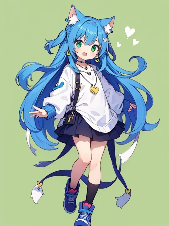 One girl、Blue Hair、Cat ear、green background,fullbody,longhair,penguinnecklace、standing、Heart Earrings、openeyes,openmouth