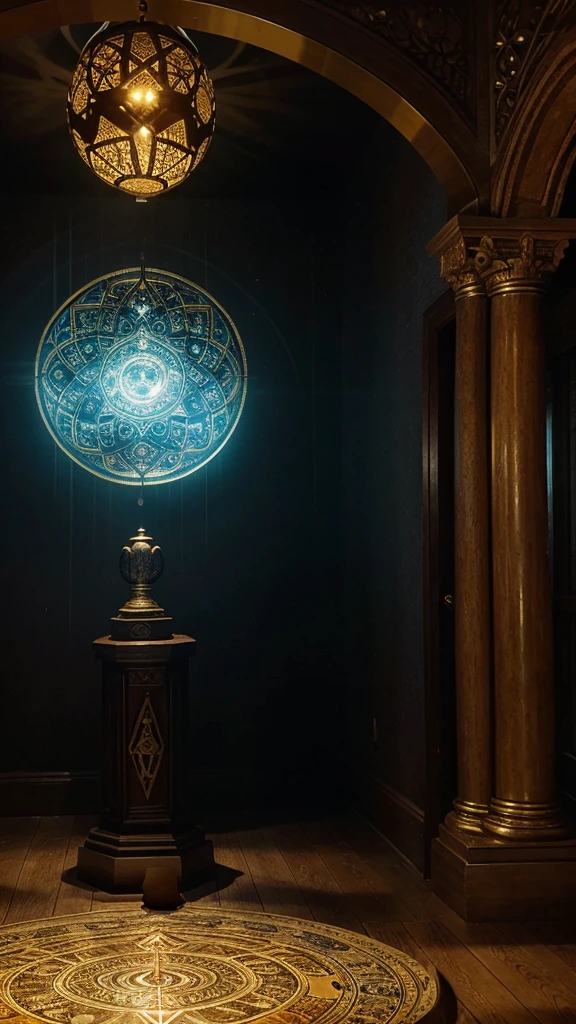 ancient and mysterious room full of mystical artifacts. At the center, on illuminated pedestals, An ancient spell book with glowing arcane symbols is laid out, an oval mirror with an intricate gold frame that reflects a parallel world, an eye-shaped amulet emitting a pulsating blue light, and a carved wooden box with intricate details, from which a soft glow escapes. The room is permeated with a magical and mysterious aura., with dancing shadows on the walls and a faint mystical glow filling the air.