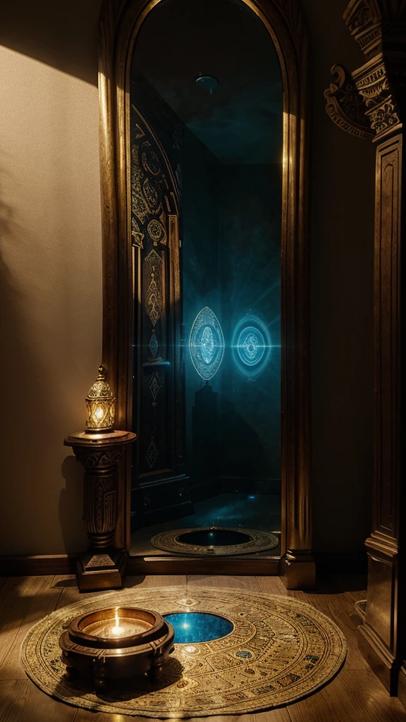 ancient and mysterious room full of mystical artifacts. At the center, on illuminated pedestals, An ancient spell book with glowing arcane symbols is laid out, an oval mirror with an intricate gold frame that reflects a parallel world, an eye-shaped amulet emitting a pulsating blue light, and a carved wooden box with intricate details, from which a soft glow escapes. The room is permeated with a magical and mysterious aura., with dancing shadows on the walls and a faint mystical glow filling the air.