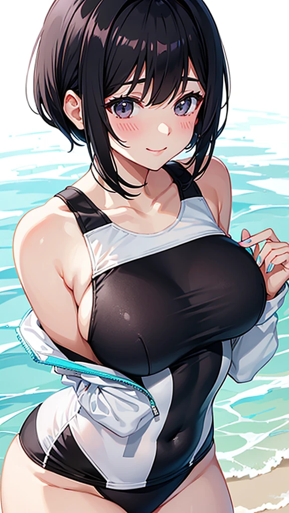 White competitive swimsuit Black Bob Hair Great style blush smile Directly facing