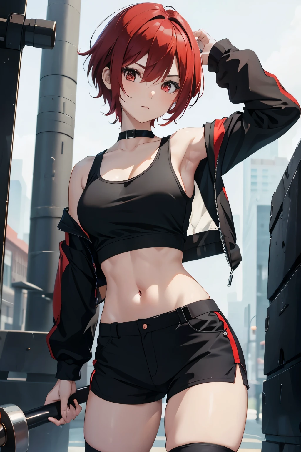 Anime Short red hair Boyish Small breasts Black tank top Navel-baring abs Girl Red long sleeves and pants