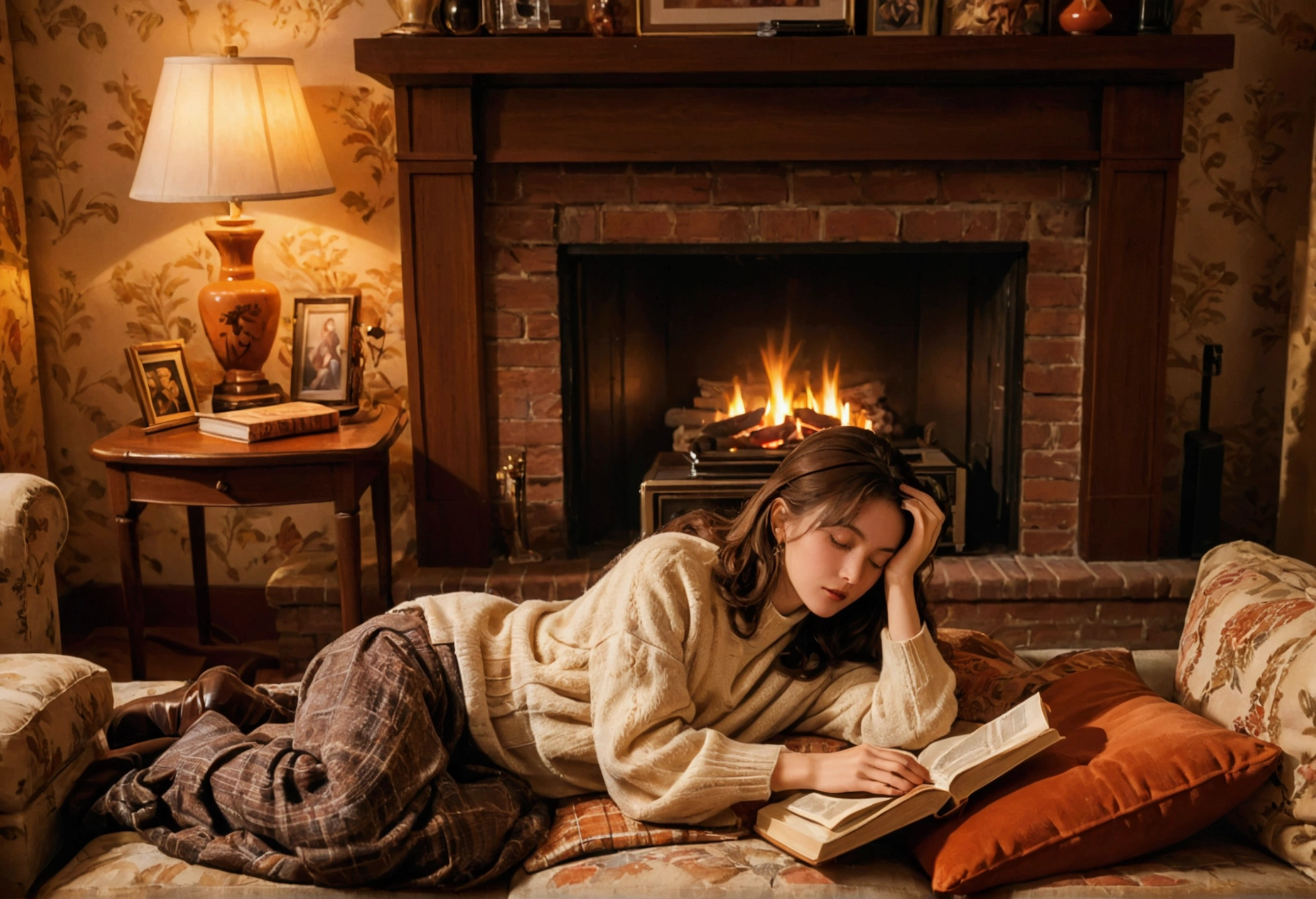 A cinematic photograph capturing the essence of a warm and cozy 1990s living room. The fireplace radiates an inviting glow, with flames dancing playfully against the brick interior. A long, comfortable sofa, adorned with rich fabrics and patterns, presents a woman sleeping peacefully, clutching a well-loved book to her chest. A retro vintage radio sits atop a small table nearby, invoking nostalgia. The room is decorated with timeless furnishings and distinctive 90s patterned wallpaper, all bathed in a soft, warm light that creates a serene and comforting ambiance., cinematic, photo