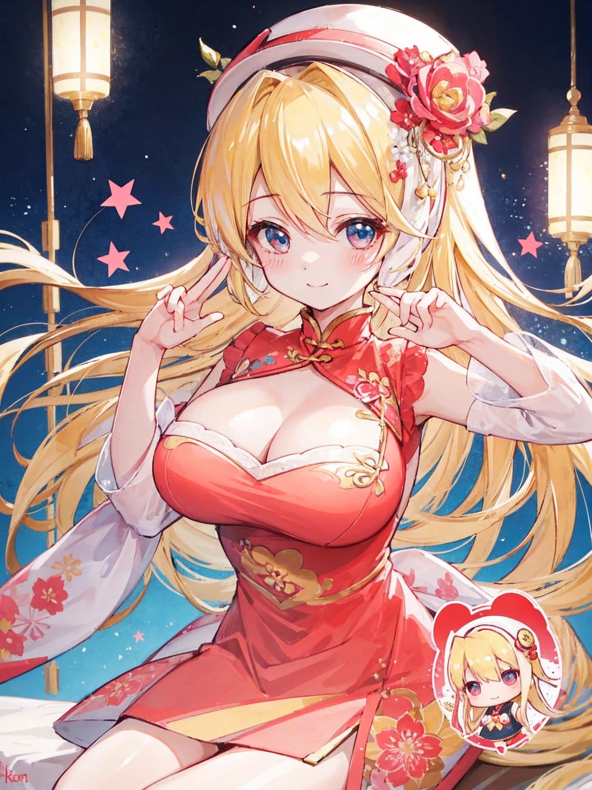 best quality, 4K, On the table :1.3), Short pretty woman, blonde、long hair、Hair length、Kawaii pose、a smile、Huge 、 Super detailed face、、Hide one eye、Delicate eyes, Licentious, Striking a seductive pose, Smooth skin, (Big breasts), Round chest、Red blush,cheongsam