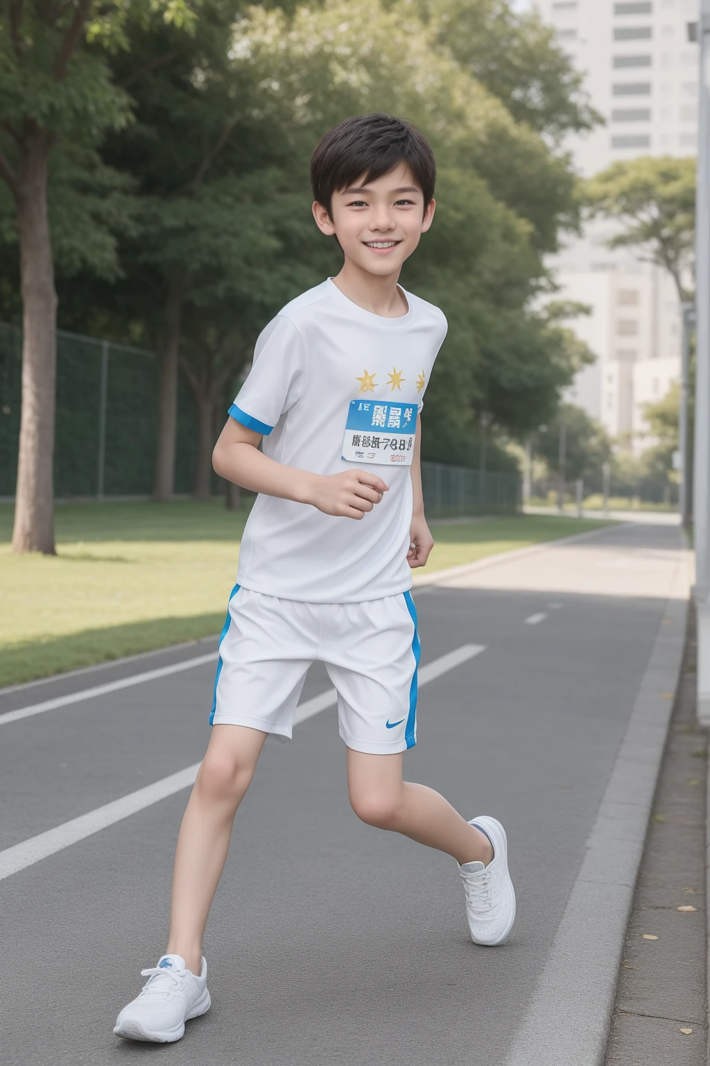12-year-old boy,Smile,Spread your white and slender legs,jogging,full body,8K五官精致,Handsome boyish feeling,8K,masterpiece,((best quality)),photography,photograph