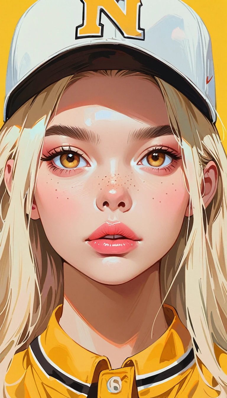 (masterpiece、Highest quality: 1.2)、1 girl、Lonely、Anime Style、Blonde、Pink Lips、Freckles、Baseball cap、Baseball Uniforms、In the style of a leading portraitist、Yellow background。