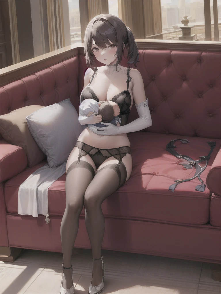 (in hotel, masterpiece, best quality:1.2), 1girl, ((holding baby, hold infant)), waving hair, (estrus, sweet temptation, lingerie), ((elbow gloves, pattern))