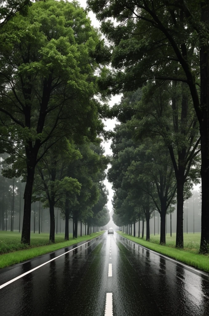 Make a realistic road under the trees and rainfall and lighting