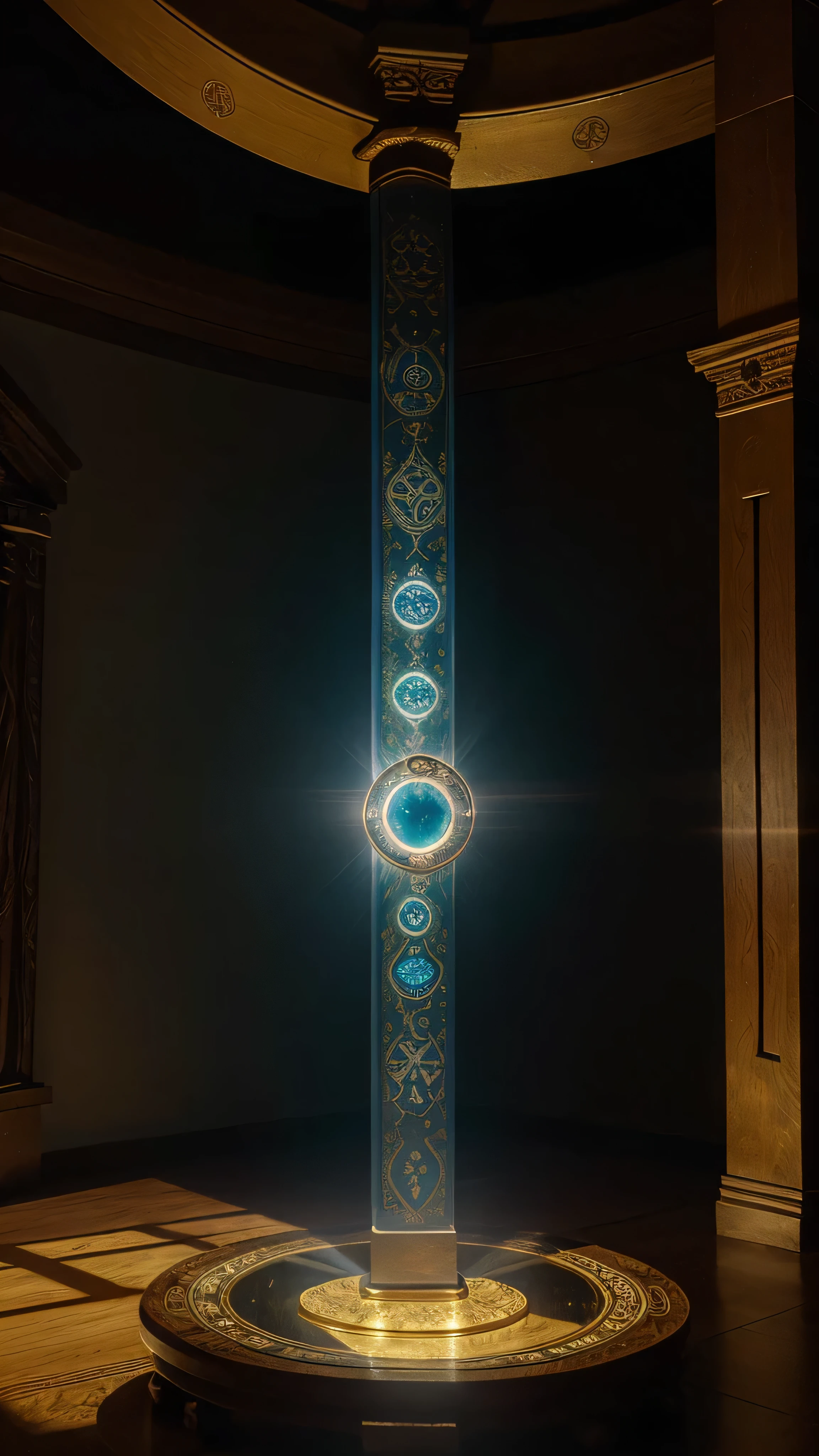 ancient and mysterious room full of mystical artifacts. At the center, on illuminated pedestals, An ancient spell book with glowing arcane symbols is laid out, an oval mirror with an intricate gold frame that reflects a parallel world, an eye-shaped amulet emitting a pulsating blue light, and a carved wooden box with intricate details, from which a soft glow escapes. The room is permeated with a magical and mysterious aura., with dancing shadows on the walls and a faint mystical glow filling the air.