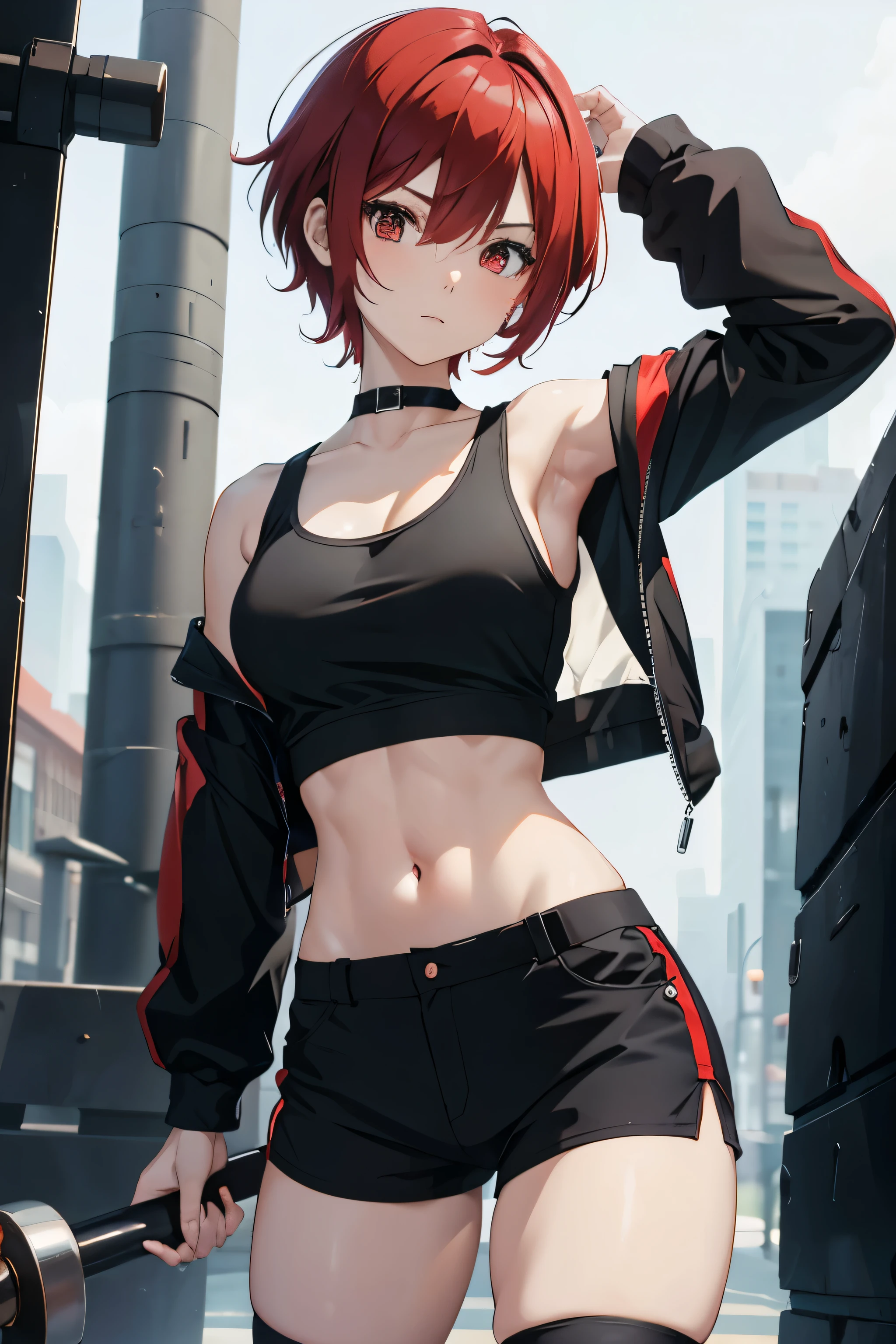 Anime Short red hair Boyish Small breasts Black tank top Navel-baring abs Girl Long sleeves Black tights Shorts Huge hammer on back