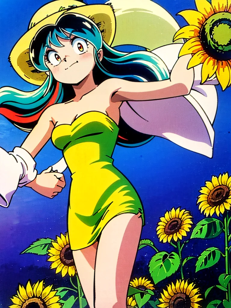 (masterpiece、Highest quality)、1 Girl、Lum, Yellow dress, White straw hat、 Hold the hat in your hand、Squint your eyes and laugh、 Laughing with your mouth open、 Sunflower field、Are standing、 From below、 Gaze Here、 High definition